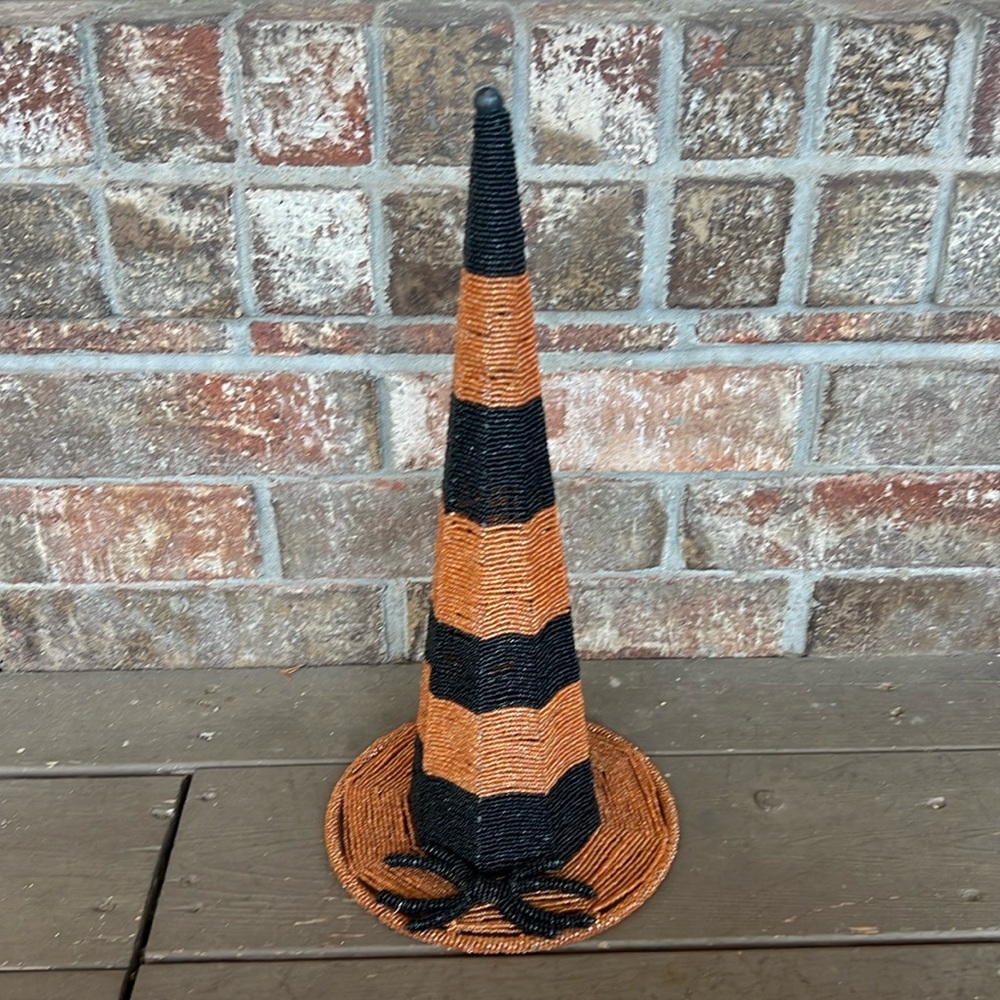 Beaded Halloween orange and black witch hat decor spider detail 15 in tall